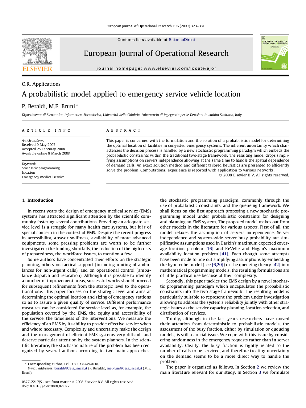 A probabilistic model applied to emergency service vehicle location