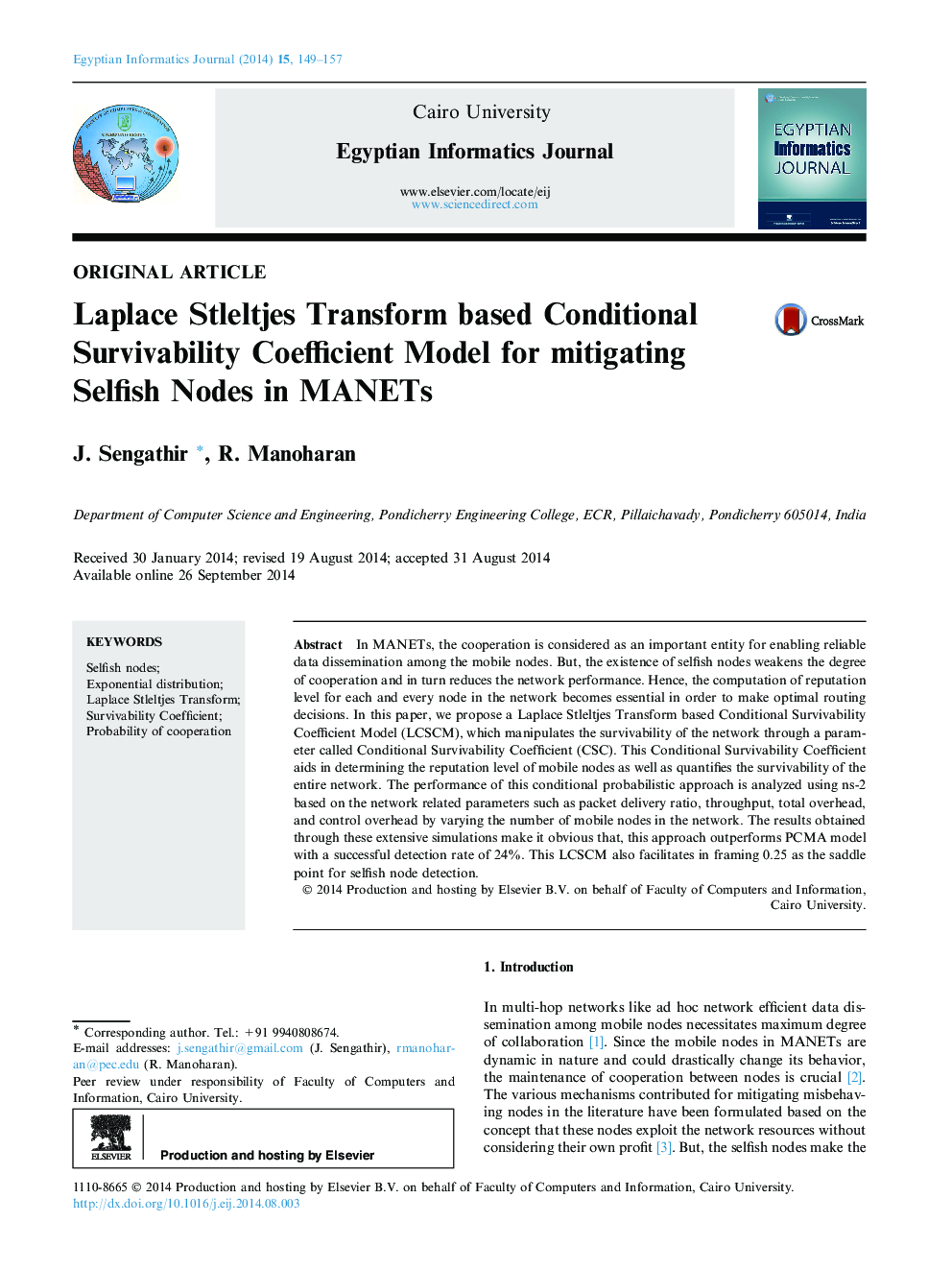 Laplace Stleltjes Transform based Conditional Survivability Coefficient Model for mitigating Selfish Nodes in MANETs 