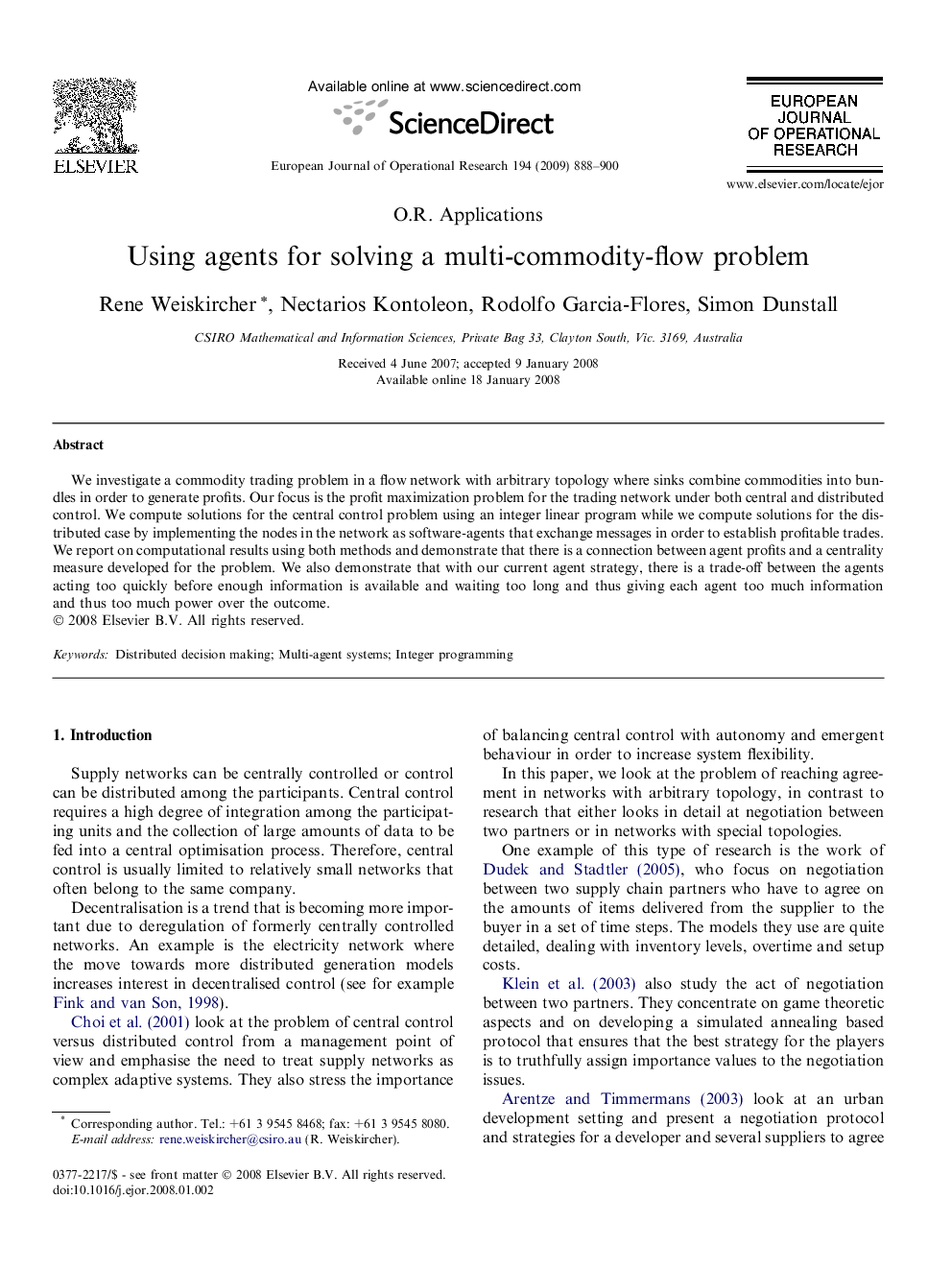 Using agents for solving a multi-commodity-flow problem