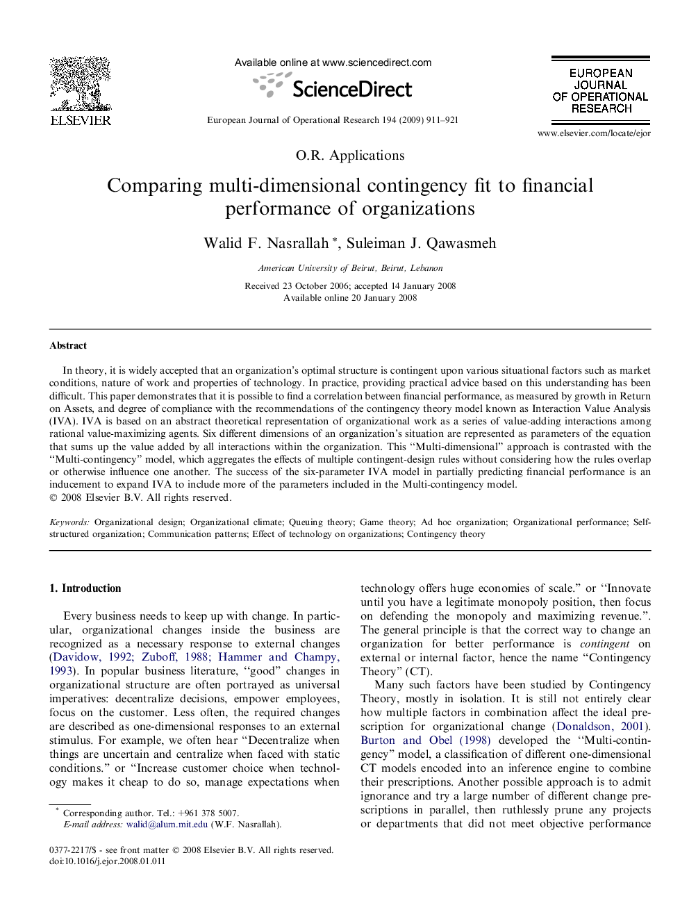 Comparing multi-dimensional contingency fit to financial performance of organizations