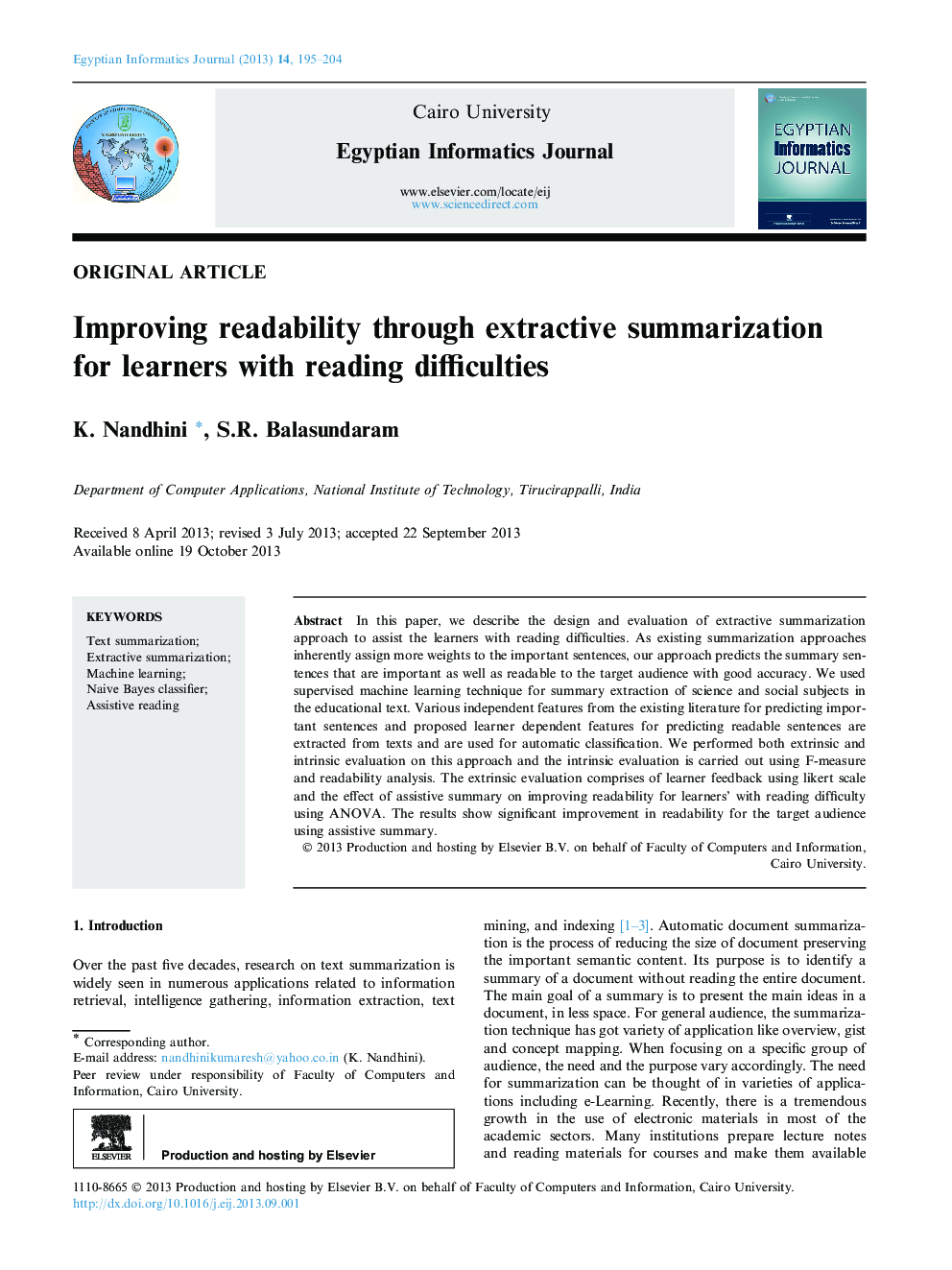 Improving readability through extractive summarization for learners with reading difficulties 