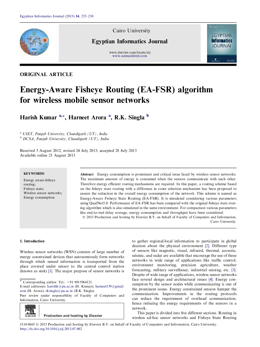 Energy-Aware Fisheye Routing (EA-FSR) algorithm for wireless mobile sensor networks 