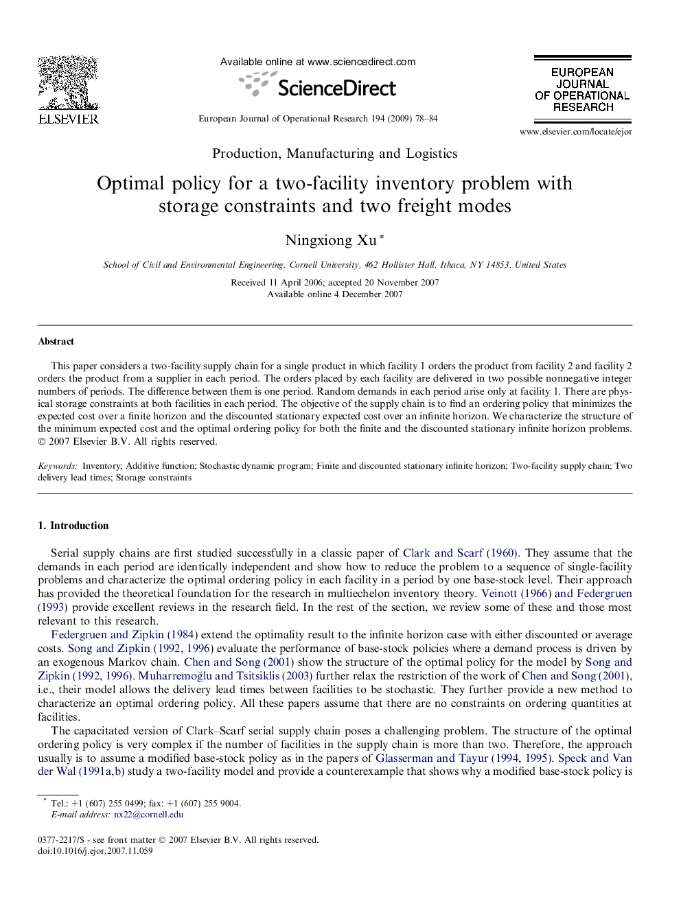 Optimal policy for a two-facility inventory problem with storage constraints and two freight modes