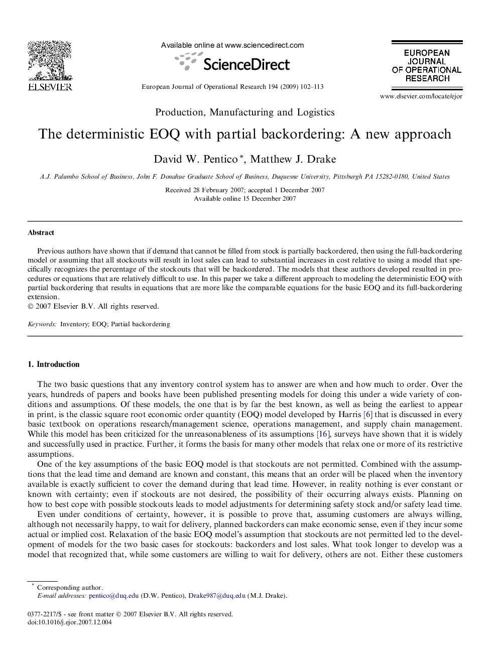 The deterministic EOQ with partial backordering: A new approach