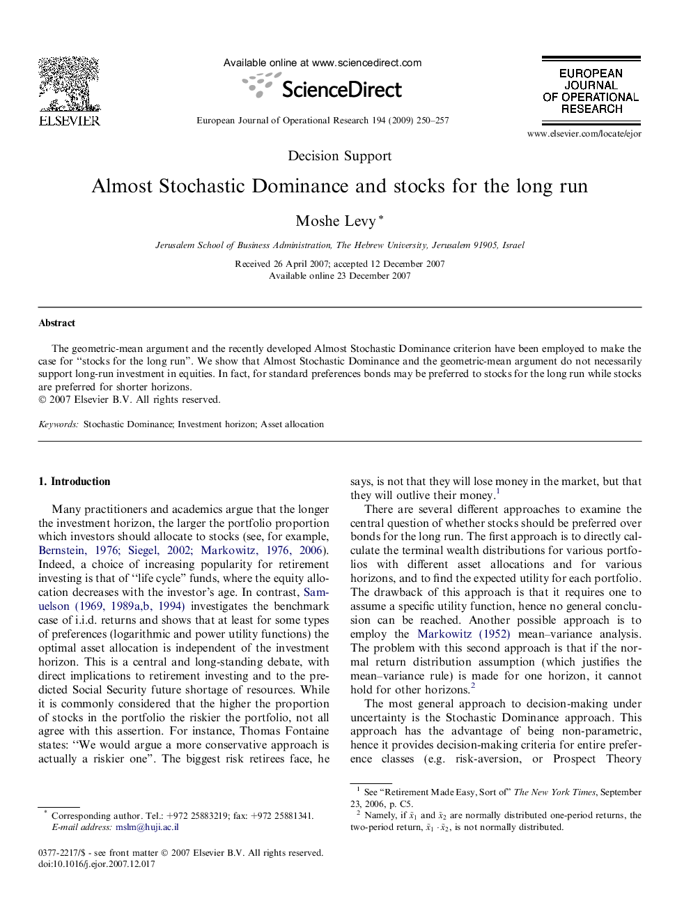 Almost Stochastic Dominance and stocks for the long run