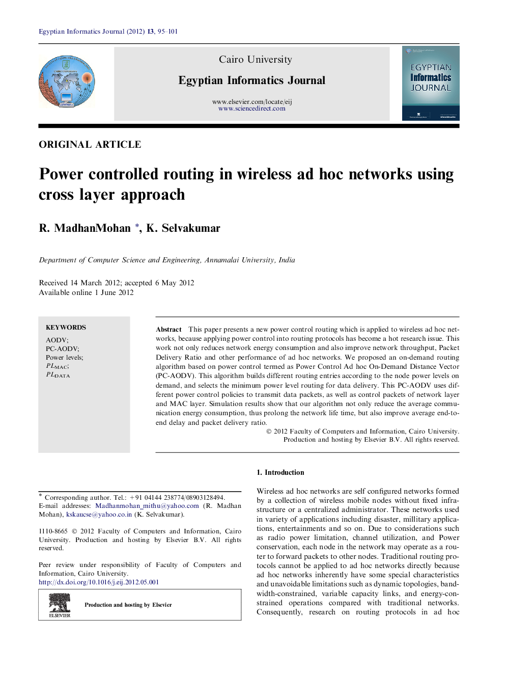 Power controlled routing in wireless ad hoc networks using cross layer approach