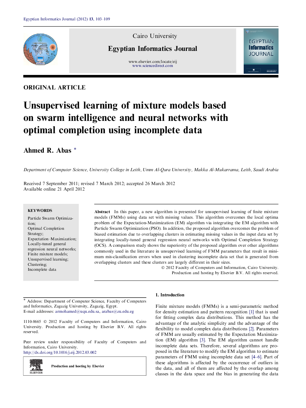 Unsupervised learning of mixture models based on swarm intelligence and neural networks with optimal completion using incomplete data