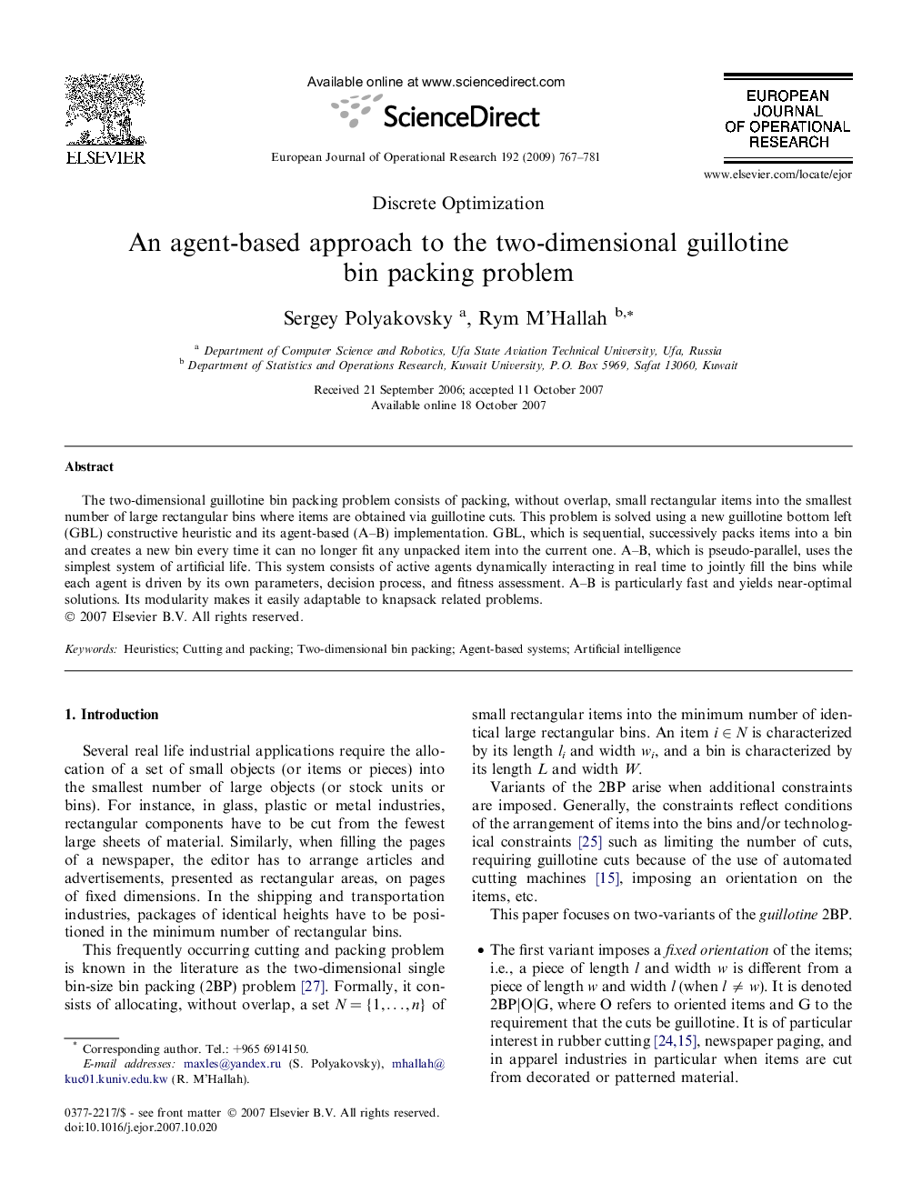 An agent-based approach to the two-dimensional guillotine bin packing problem