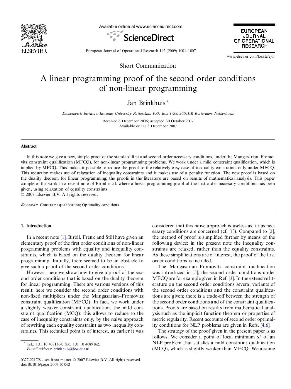 A linear programming proof of the second order conditions of non-linear programming