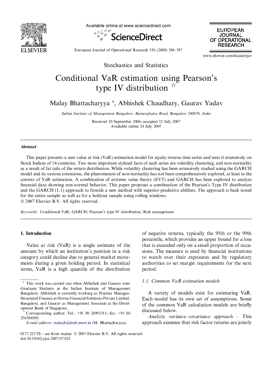 Conditional VaR estimation using Pearson’s type IV distribution 