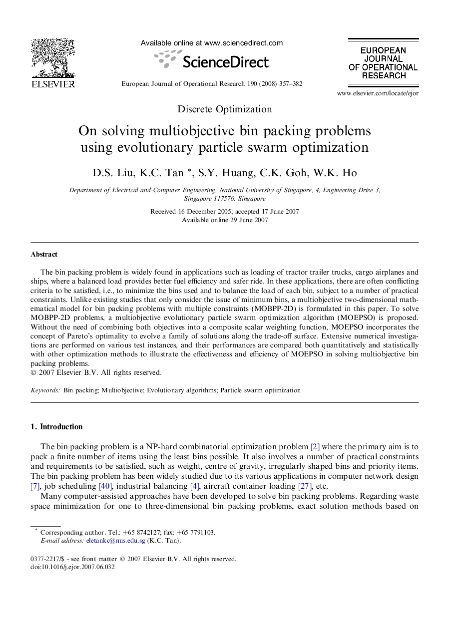 On solving multiobjective bin packing problems using evolutionary particle swarm optimization