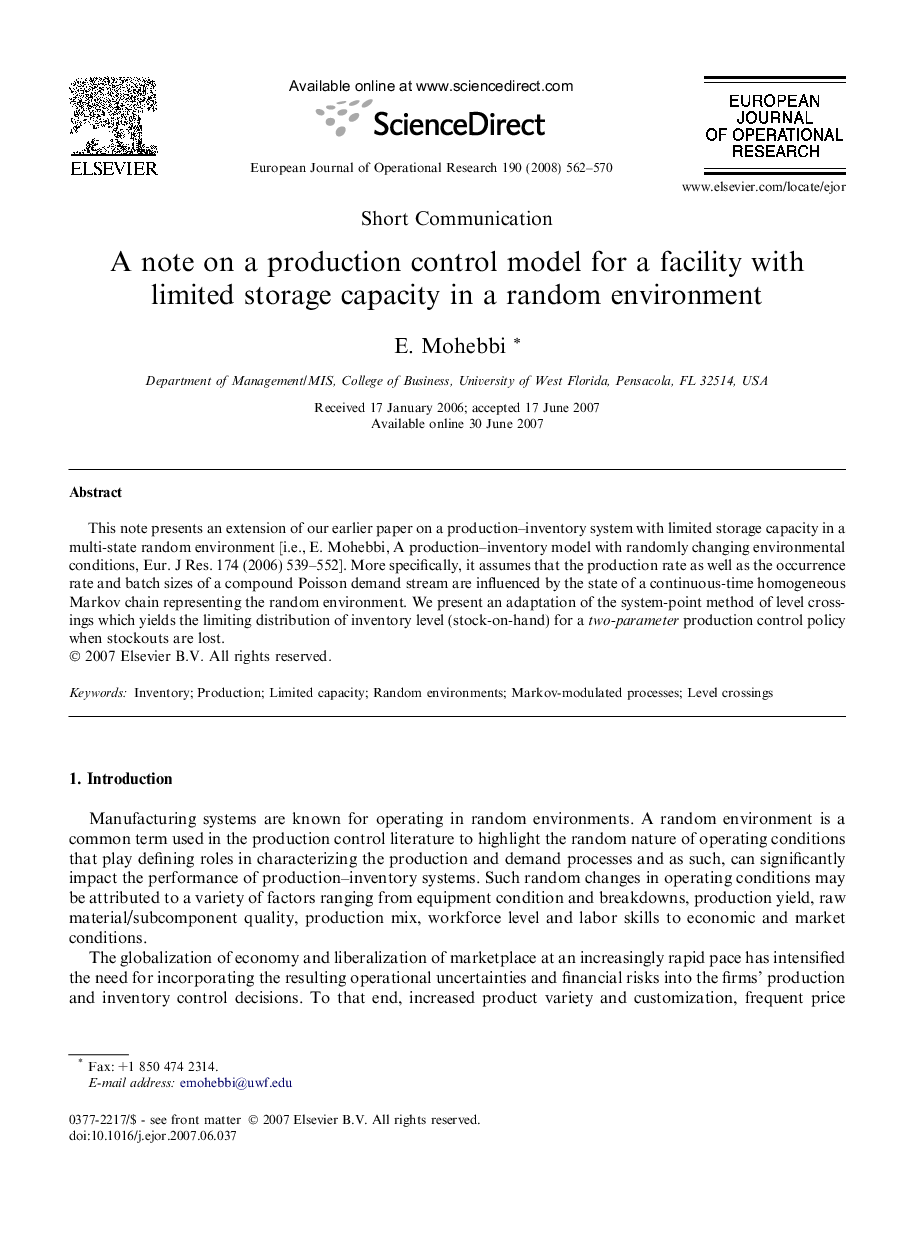 A note on a production control model for a facility with limited storage capacity in a random environment