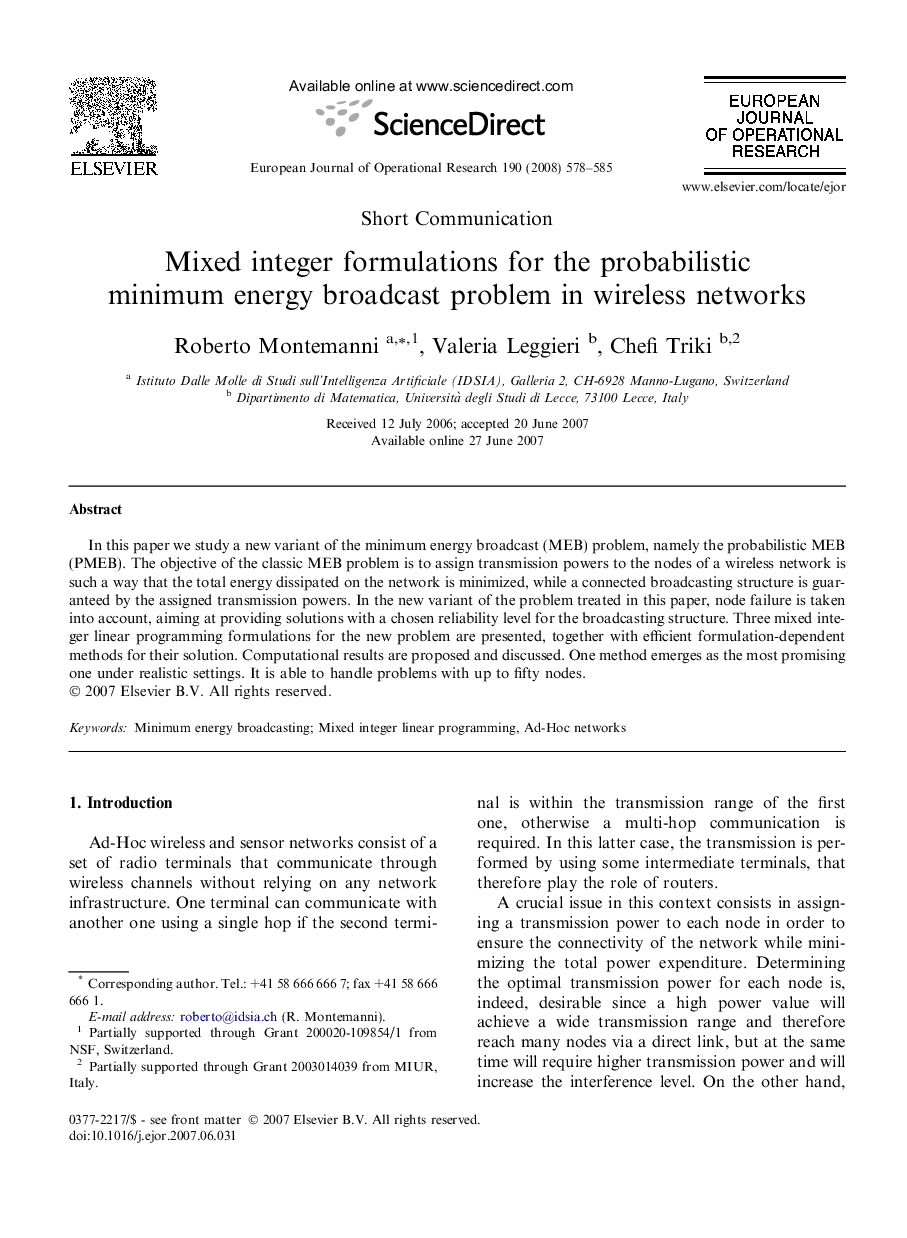 Mixed integer formulations for the probabilistic minimum energy broadcast problem in wireless networks