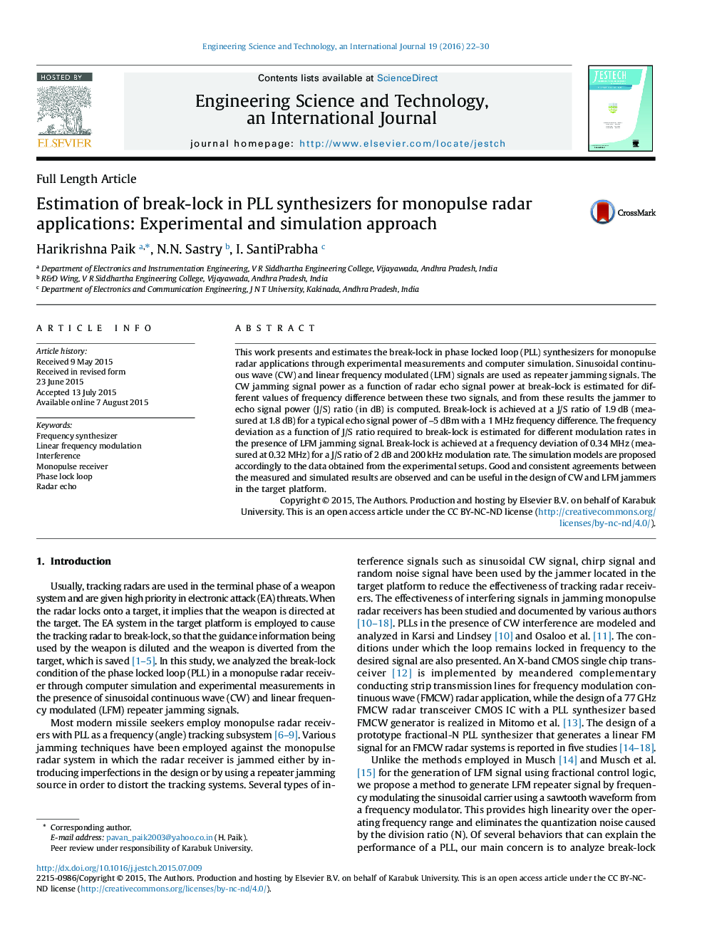 Estimation of break-lock in PLL synthesizers for monopulse radar applications: Experimental and simulation approach 