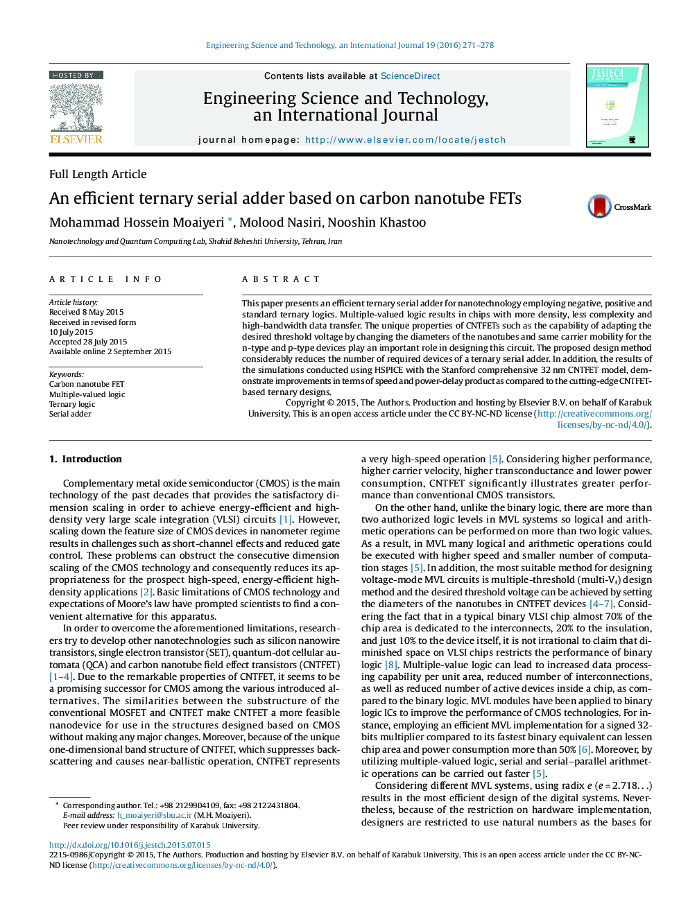 An efficient ternary serial adder based on carbon nanotube FETs 