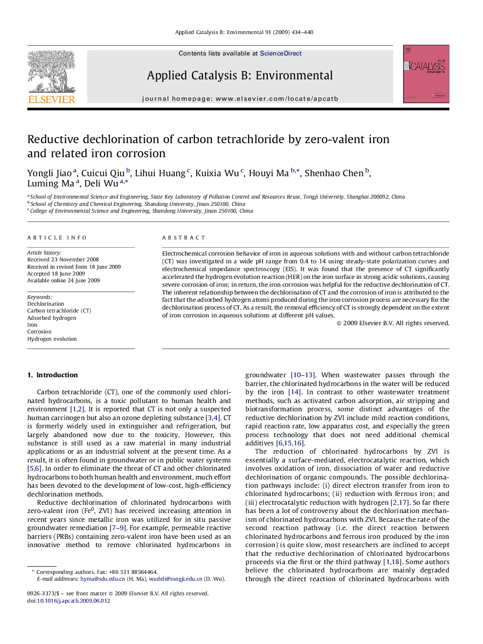 Reductive dechlorination of carbon tetrachloride by zero-valent iron and related iron corrosion