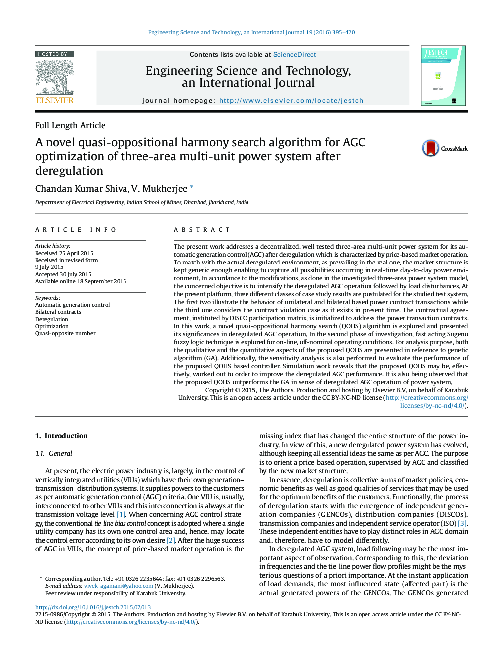 A novel quasi-oppositional harmony search algorithm for AGC optimization of three-area multi-unit power system after deregulation 