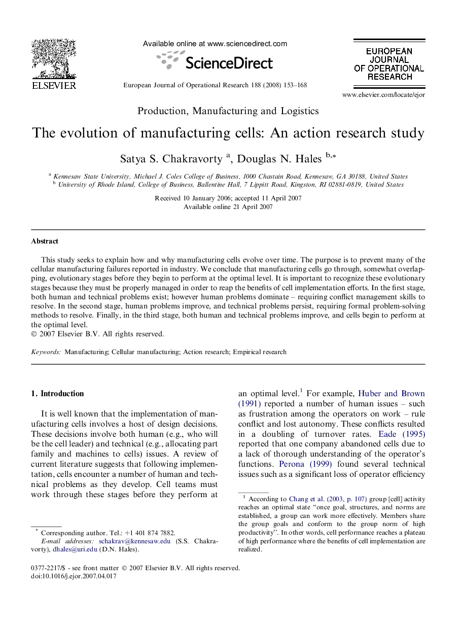 The evolution of manufacturing cells: An action research study