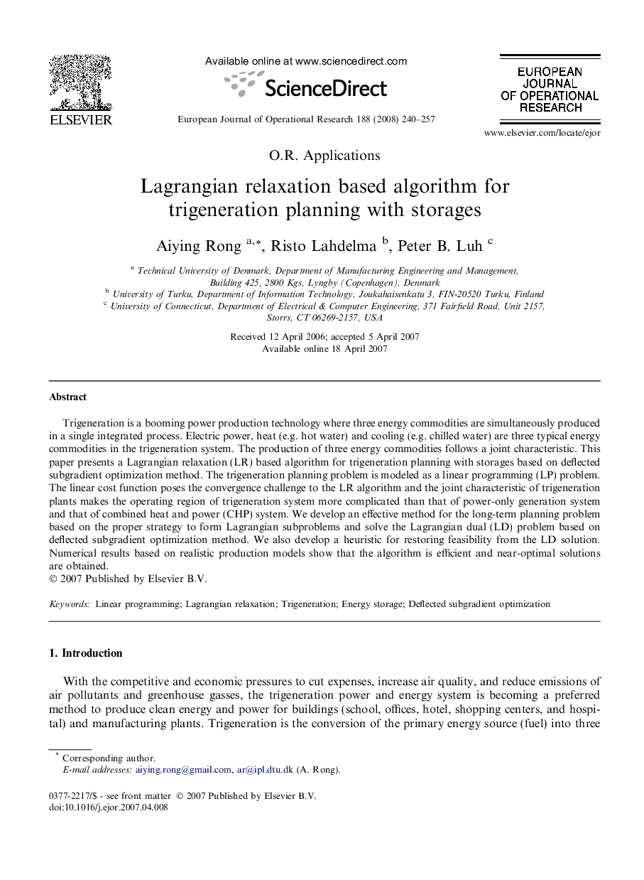 Lagrangian relaxation based algorithm for trigeneration planning with storages