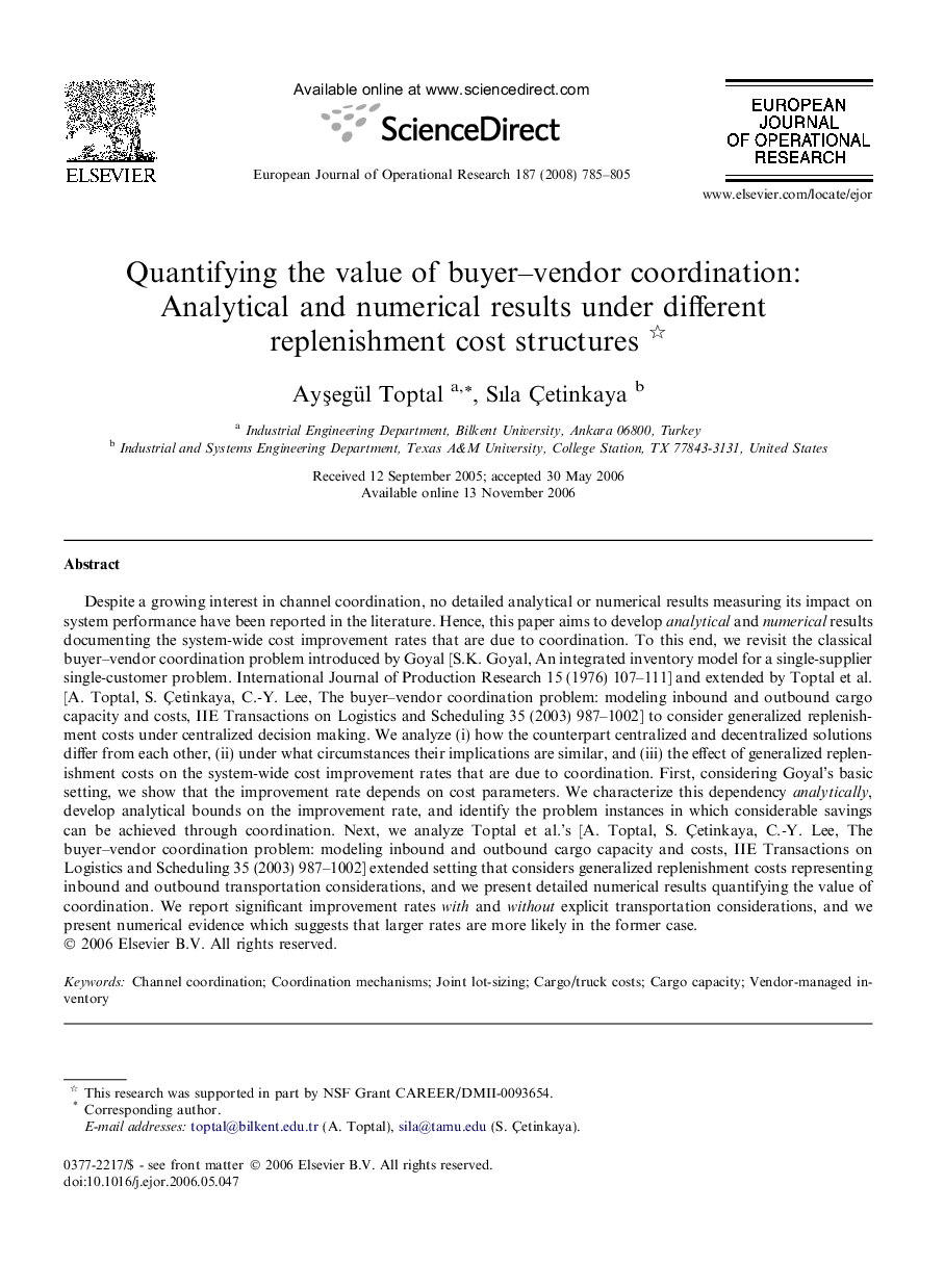 Quantifying the value of buyer–vendor coordination: Analytical and numerical results under different replenishment cost structures 