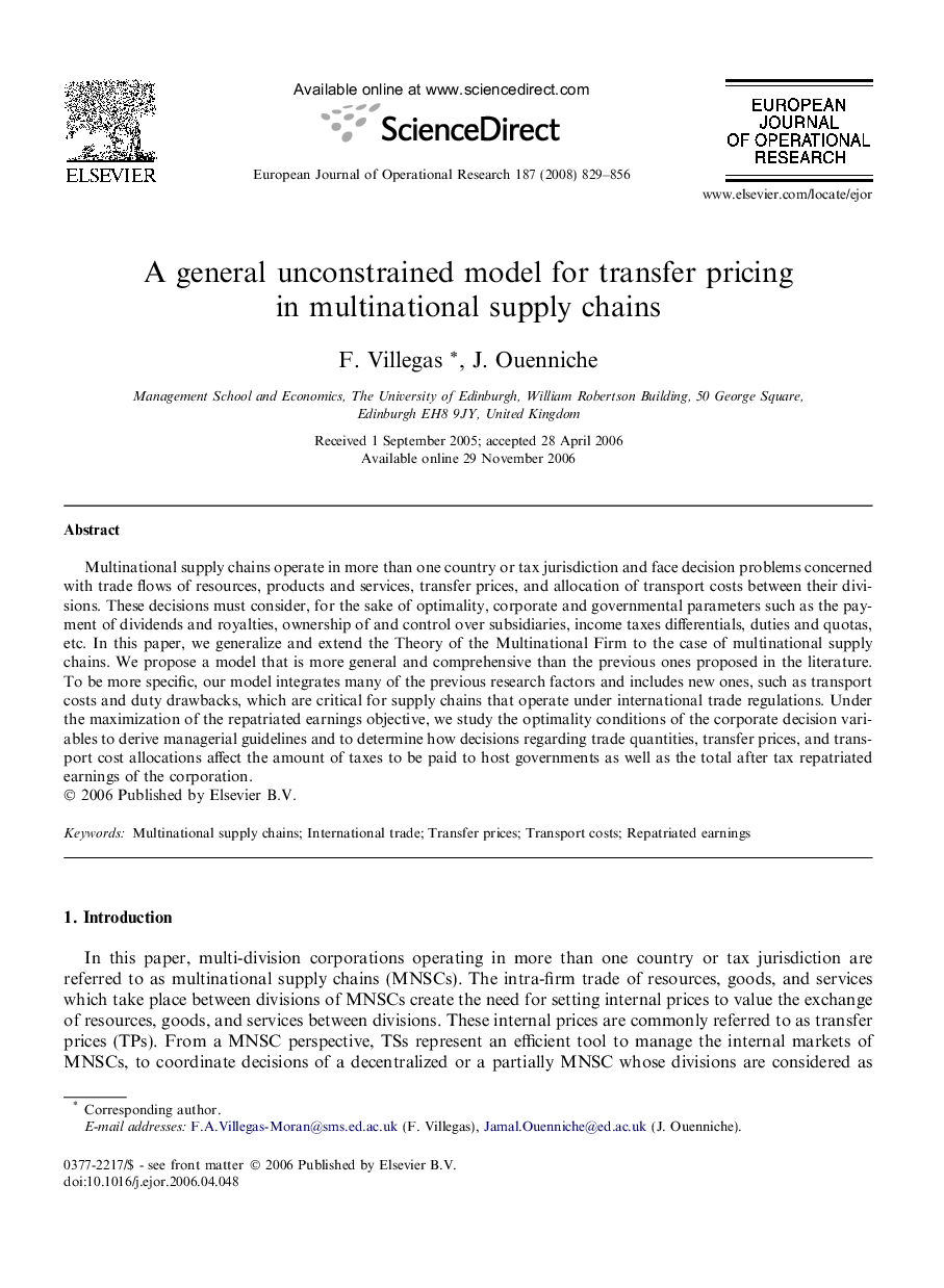 A general unconstrained model for transfer pricing in multinational supply chains