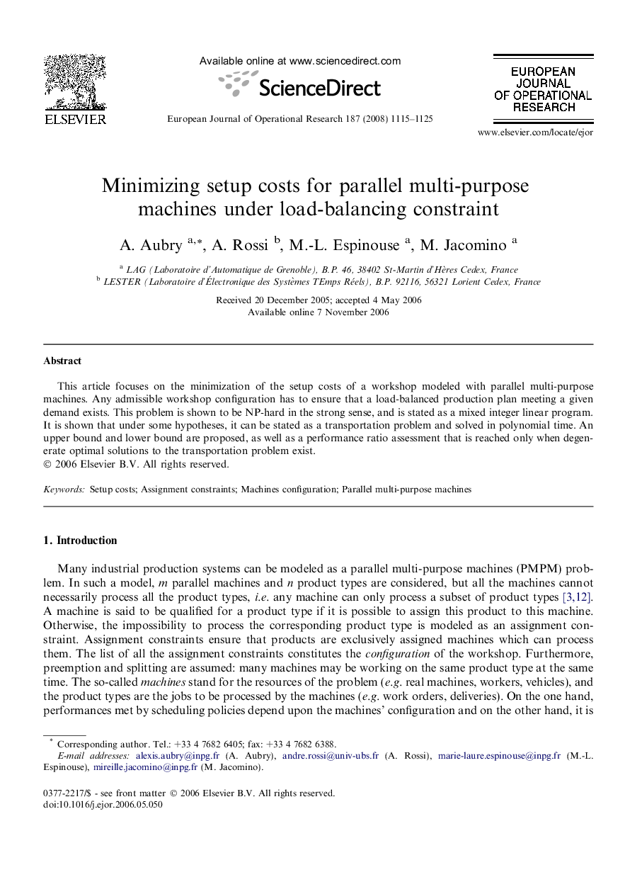 Minimizing setup costs for parallel multi-purpose machines under load-balancing constraint