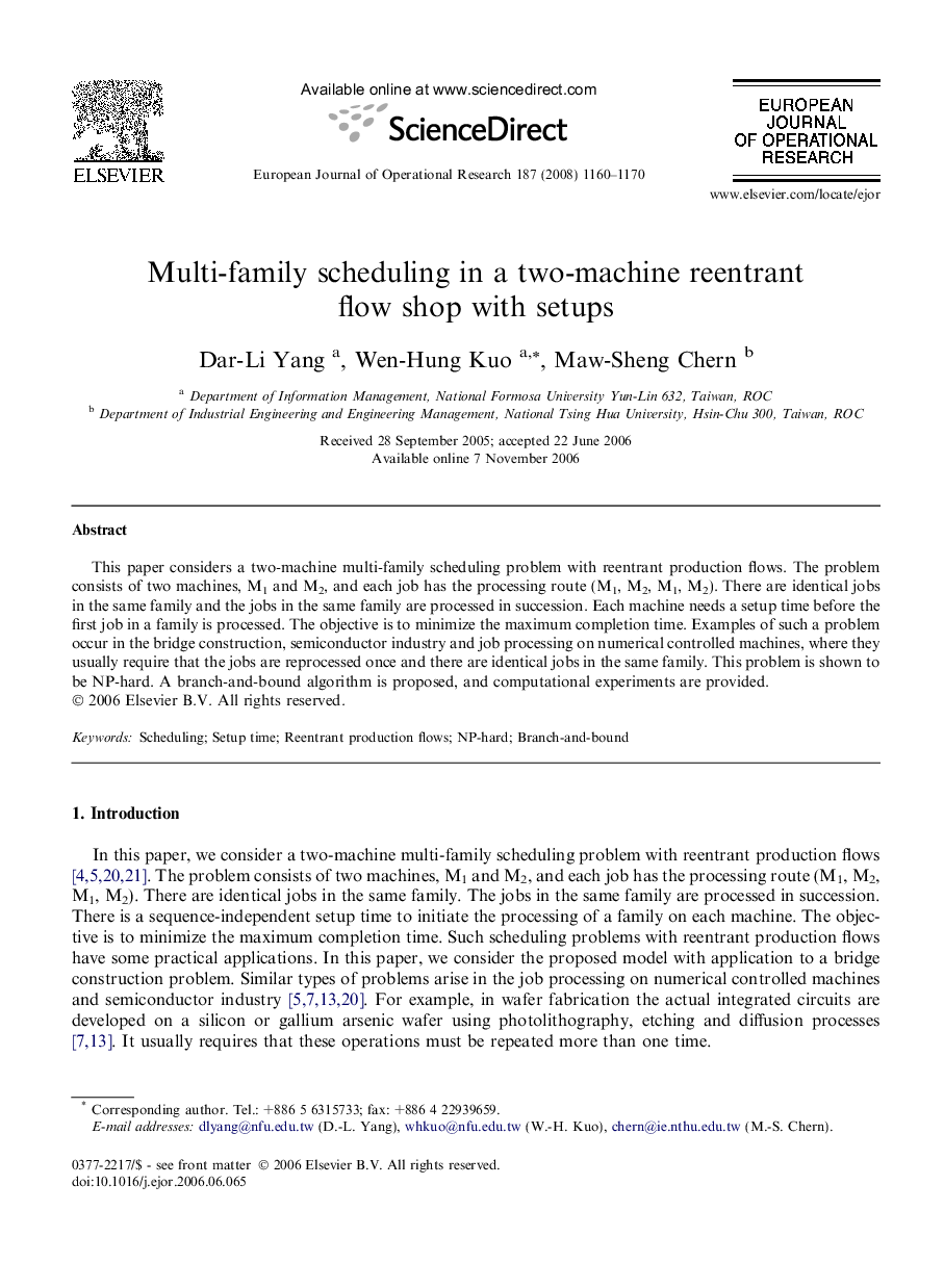 Multi-family scheduling in a two-machine reentrant flow shop with setups