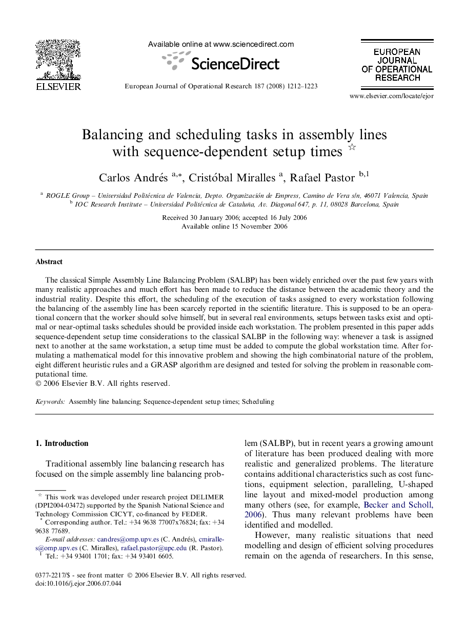 Balancing and scheduling tasks in assembly lines with sequence-dependent setup times 