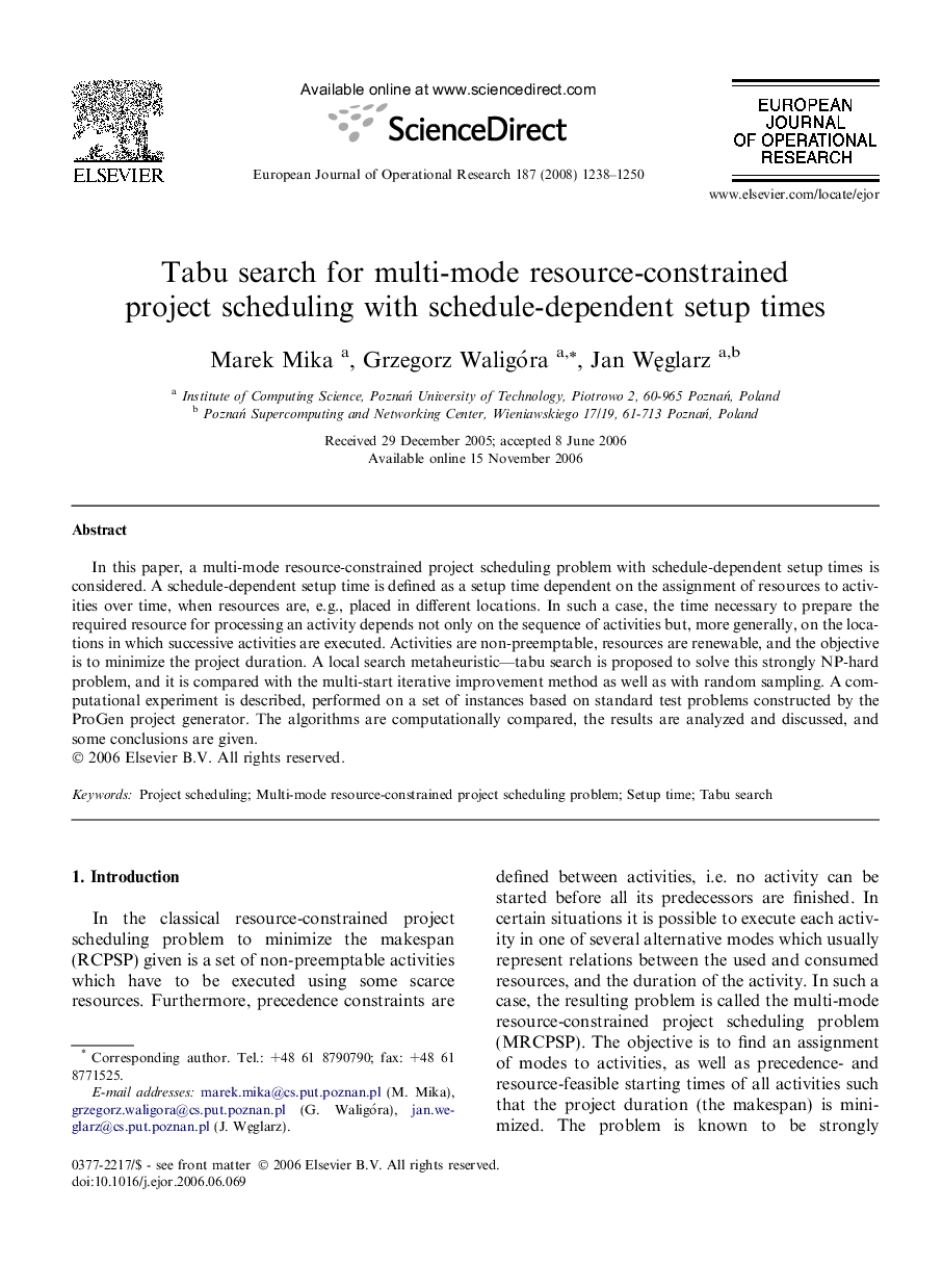 Tabu search for multi-mode resource-constrained project scheduling with schedule-dependent setup times