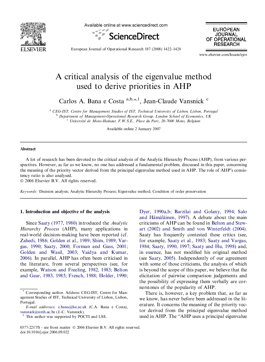 A critical analysis of the eigenvalue method used to derive priorities in AHP