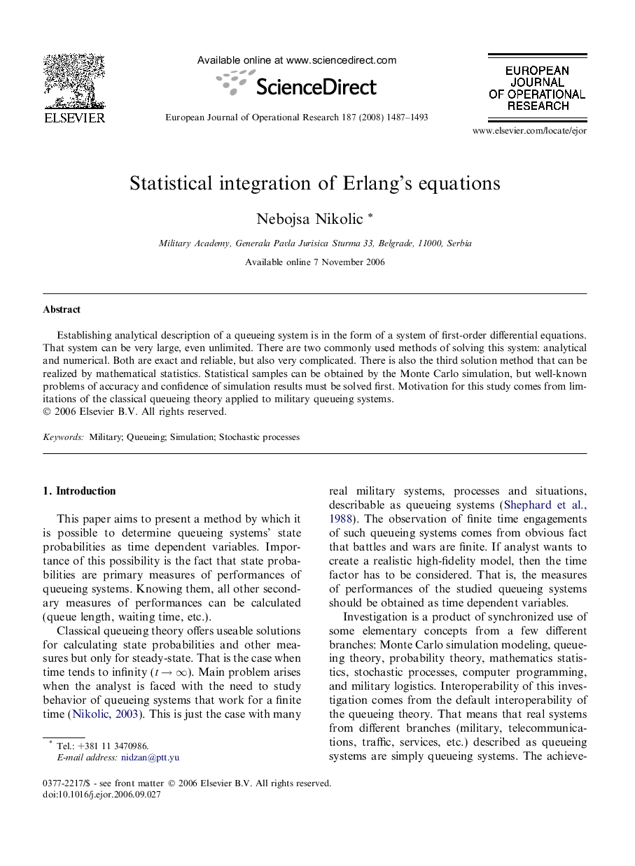 Statistical integration of Erlang’s equations