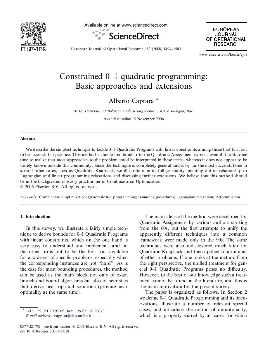 Constrained 0–1 quadratic programming: Basic approaches and extensions