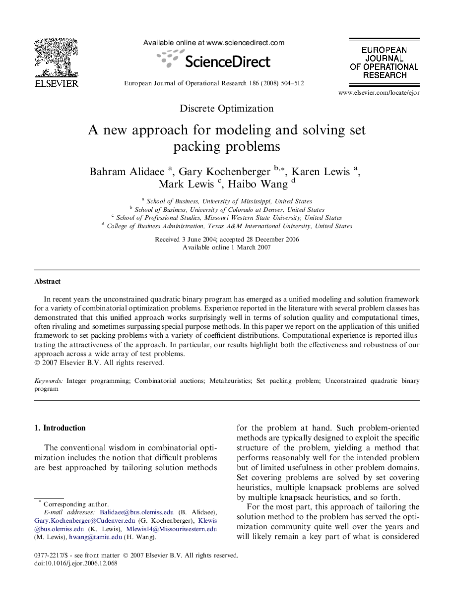 A new approach for modeling and solving set packing problems