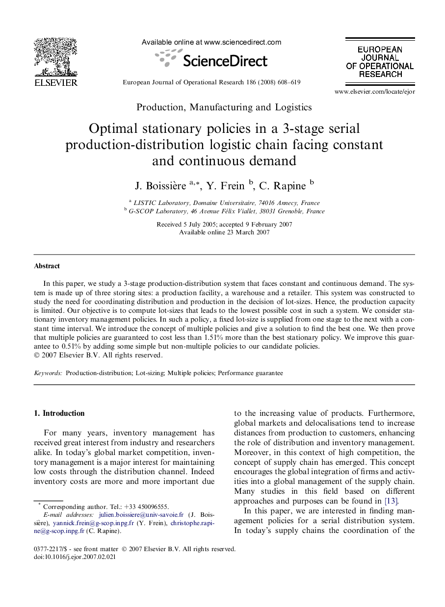 Optimal stationary policies in a 3-stage serial production-distribution logistic chain facing constant and continuous demand