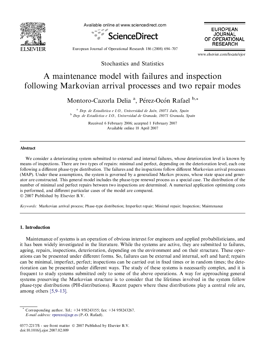 A maintenance model with failures and inspection following Markovian arrival processes and two repair modes