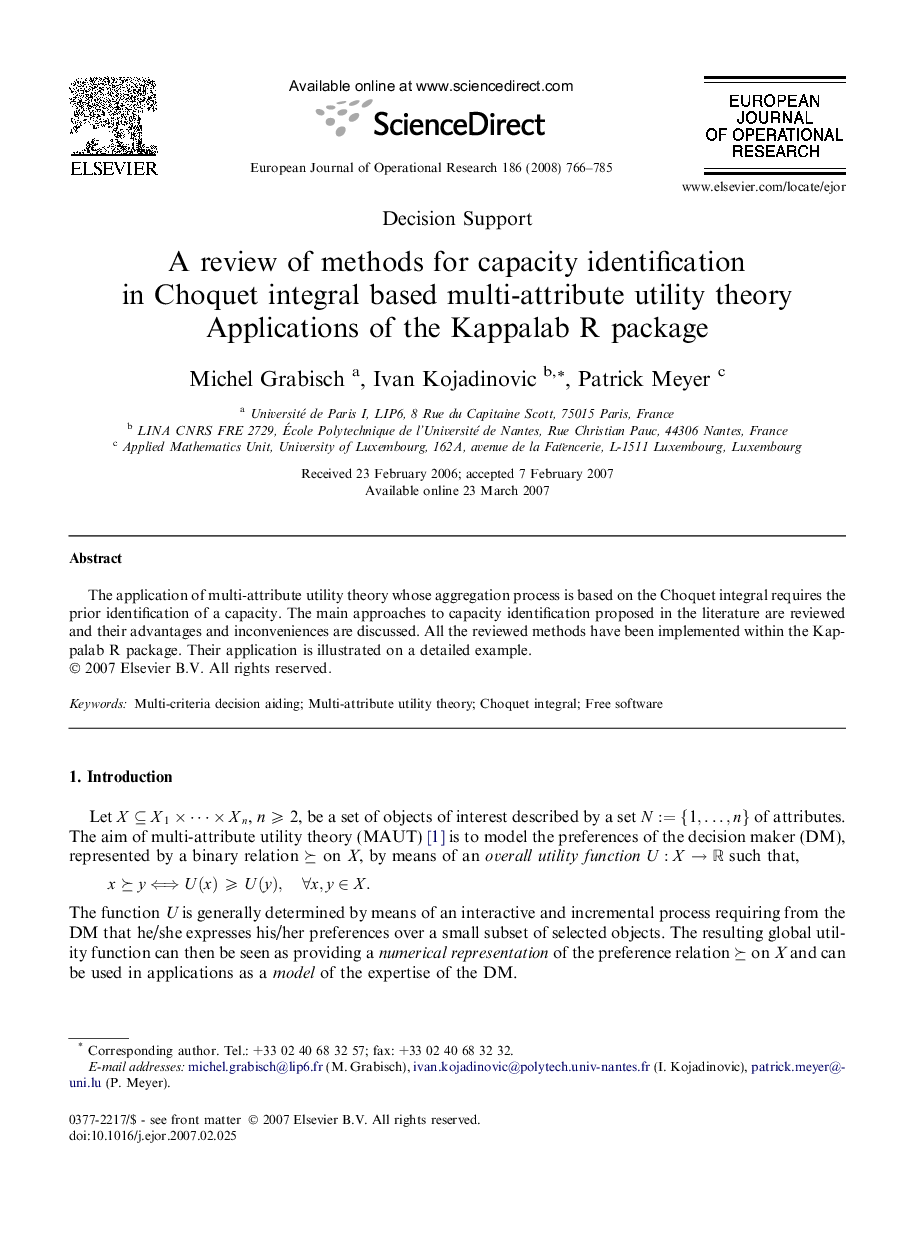 A review of methods for capacity identification in Choquet integral based multi-attribute utility theory: Applications of the Kappalab R package