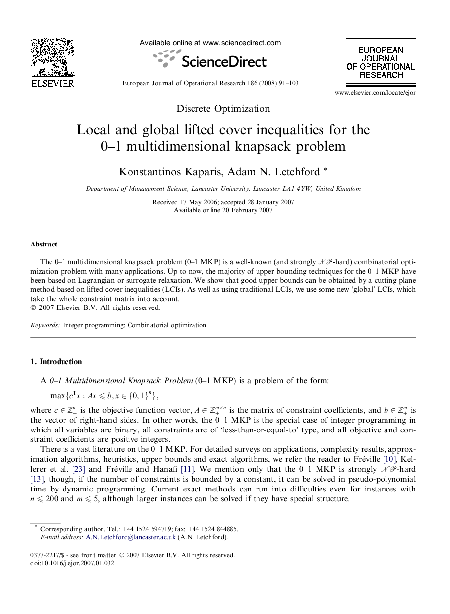 Local and global lifted cover inequalities for the 0–1 multidimensional knapsack problem