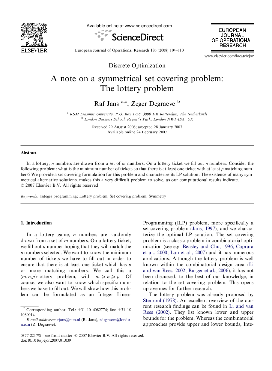 A note on a symmetrical set covering problem: The lottery problem