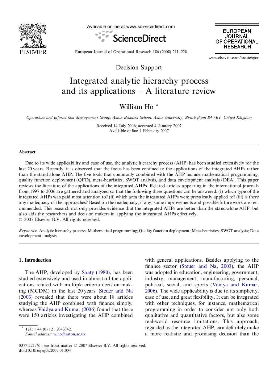 Integrated analytic hierarchy process and its applications – A literature review