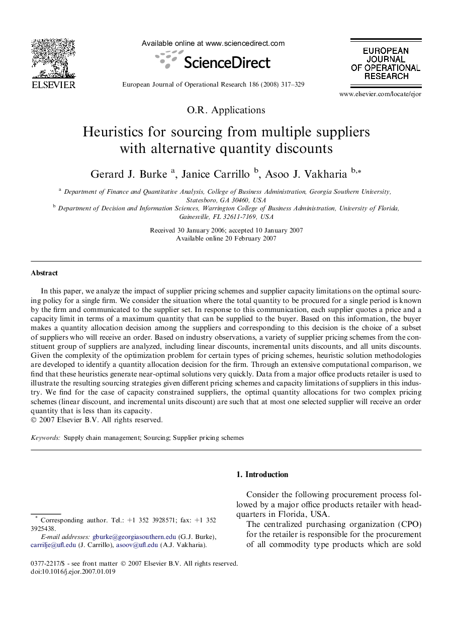 Heuristics for sourcing from multiple suppliers with alternative quantity discounts