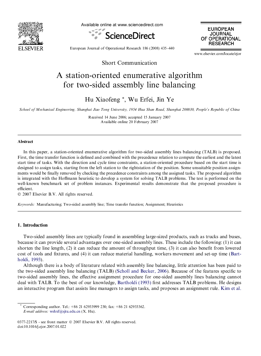 A station-oriented enumerative algorithm for two-sided assembly line balancing