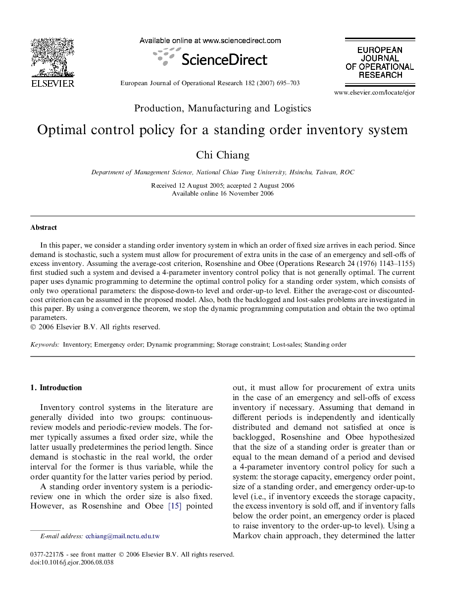 Optimal control policy for a standing order inventory system