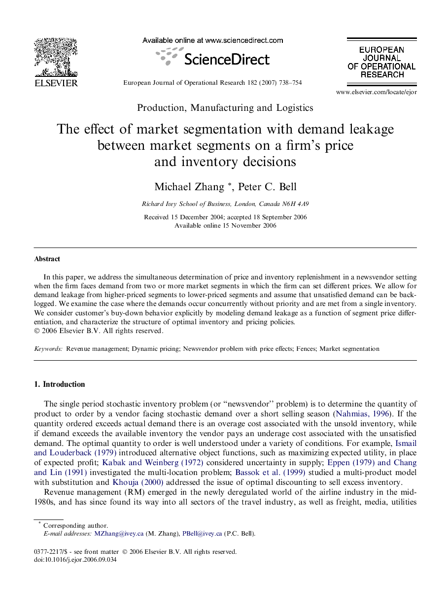 The effect of market segmentation with demand leakage between market segments on a firm’s price and inventory decisions