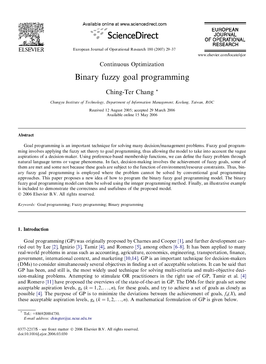 Binary fuzzy goal programming