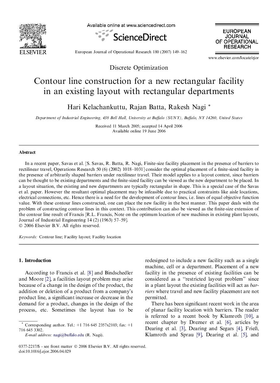 Contour line construction for a new rectangular facility in an existing layout with rectangular departments