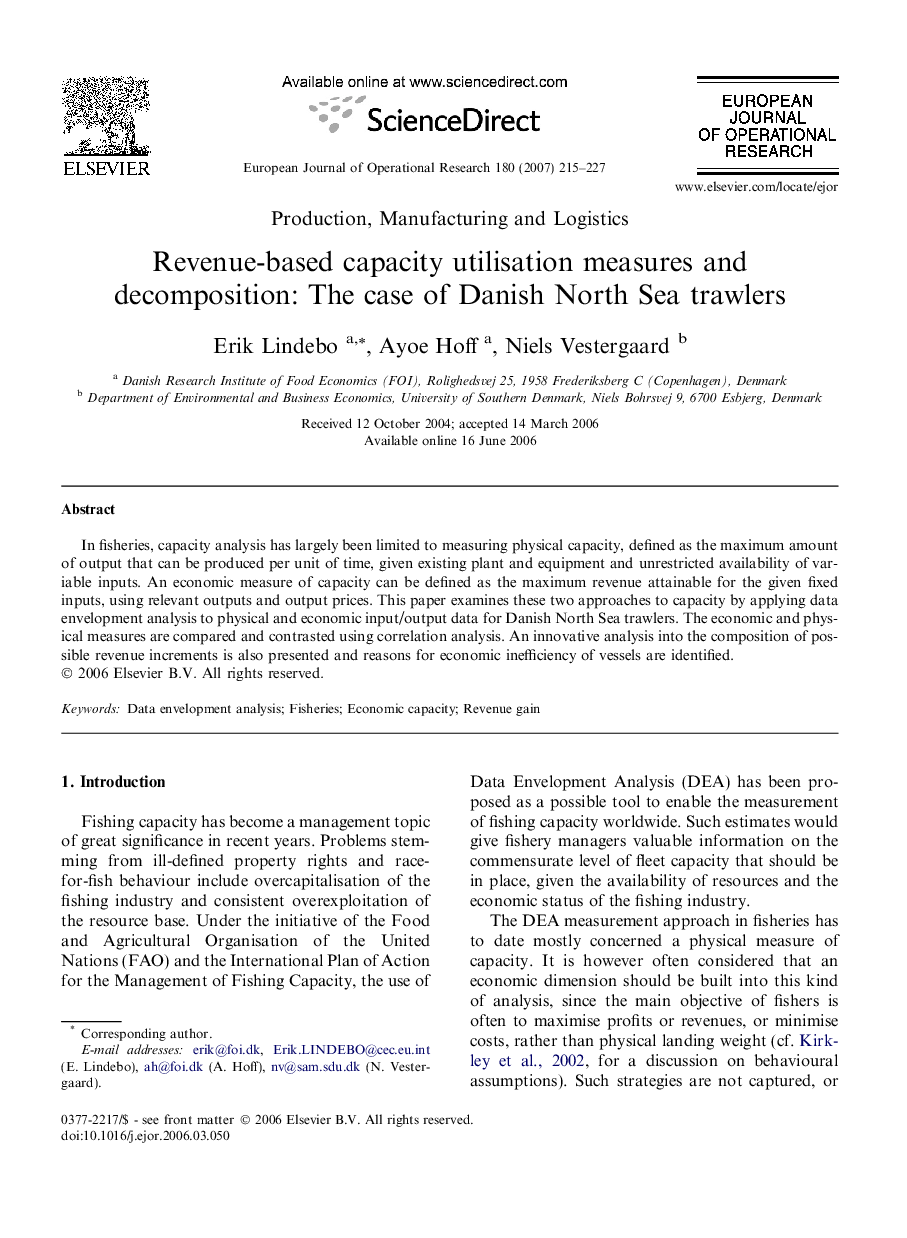 Revenue-based capacity utilisation measures and decomposition: The case of Danish North Sea trawlers