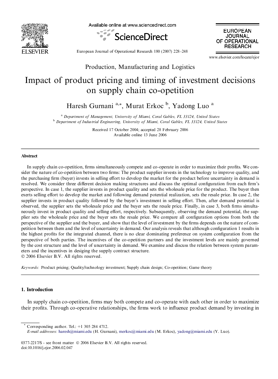 Impact of product pricing and timing of investment decisions on supply chain co-opetition