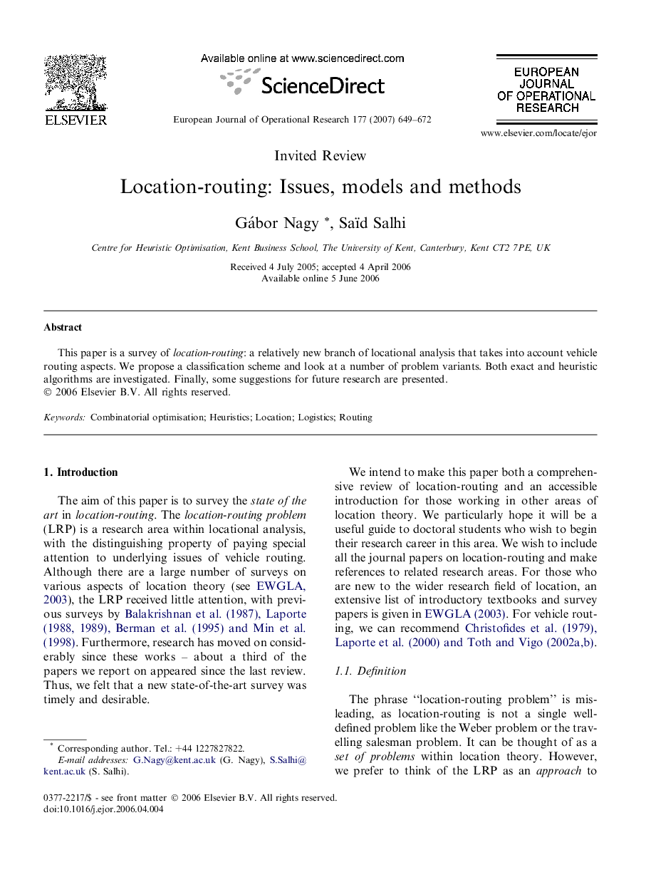 Location-routing: Issues, models and methods