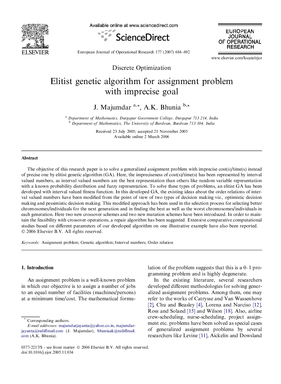 Elitist genetic algorithm for assignment problem with imprecise goal