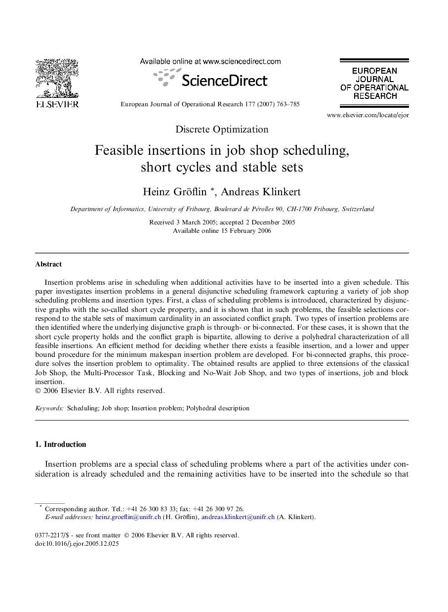 Feasible insertions in job shop scheduling, short cycles and stable sets